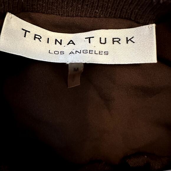 Trina Turk Cardigan Silk Sweater Knitted Long Sleeve Button Front Ribbed Brown M - Picture 2 of 4